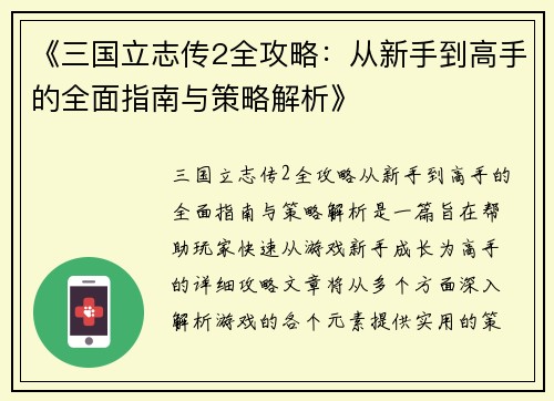 《三国立志传2全攻略：从新手到高手的全面指南与策略解析》