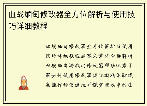 血战缅甸修改器全方位解析与使用技巧详细教程