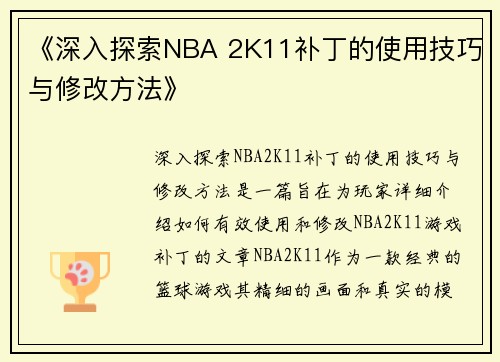 《深入探索NBA 2K11补丁的使用技巧与修改方法》