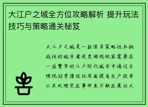 大江户之城全方位攻略解析 提升玩法技巧与策略通关秘笈